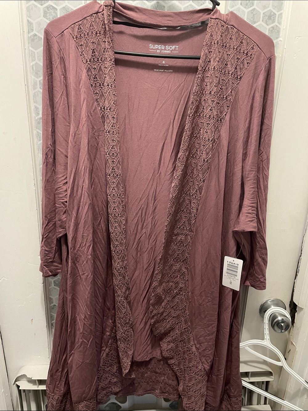 Mauve Lace-Trim Open Cardigan - Women